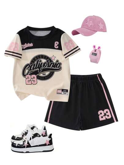 2pcs/Set Toddler Girls' Summer Casual Number 23 & Letter Print Round Neck Short Sleeve T-Shirt And Shorts Set