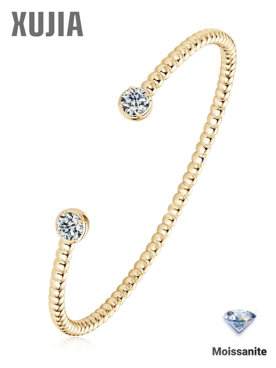 XUJIA 1 pieza Pulsera de plata de ley 925 con moissanita, color D 5mm*2 piezas talla redonda, regalo de compromiso, boda o cumpleaños para mujeres - BMO-043 - Ver 1