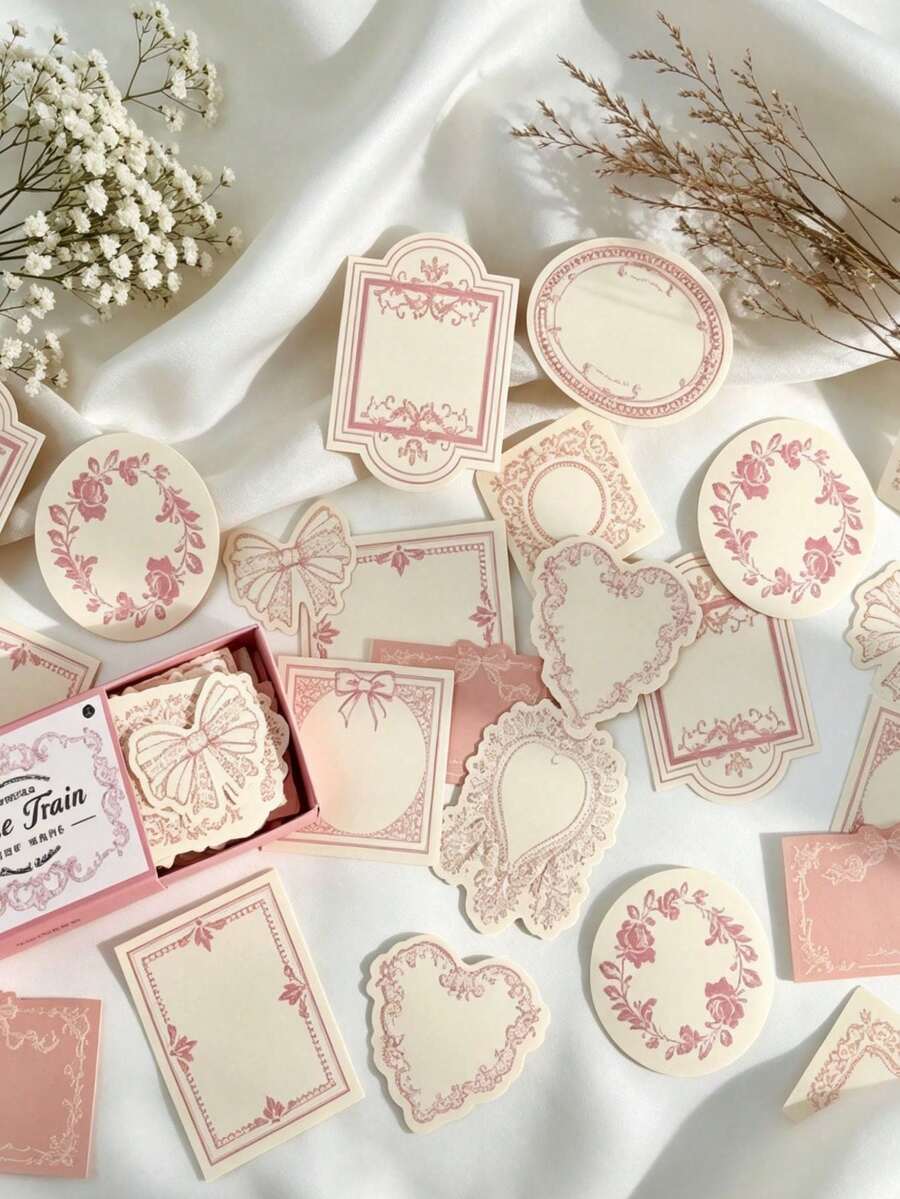 5张/套 优雅粉色蕾丝边备忘录卡、贺卡、手写日记用品、剪贴簿材料、毕业及返校感谢卡套装，全新礼物