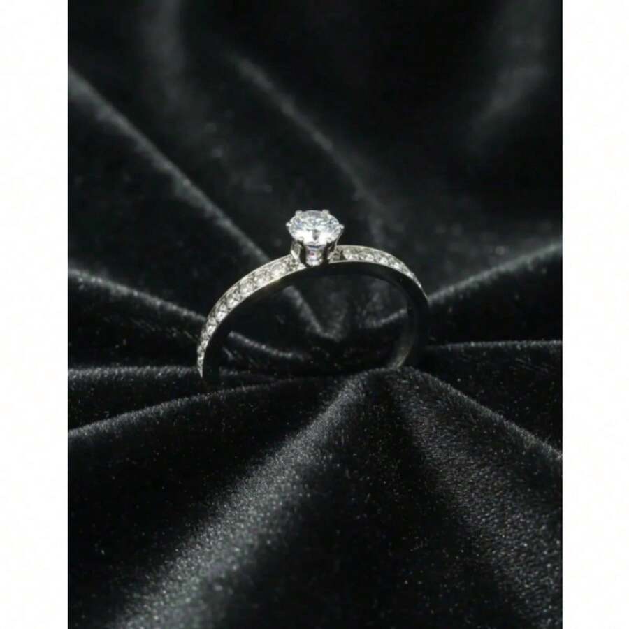 Stainless Steel Silver Solitaire/Stacking Ring With Colored Zirconia Stone, 4mm, For Graduation Or Debutante Parties. - White - View 1