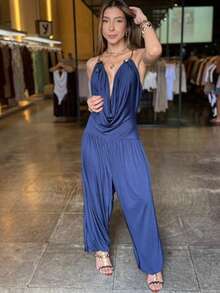 Women's  Jumpsuit With Draped Neckline, Low Waist, Bow, Open Back, Luxurious And Sophisticated. - 藏蓝色 - 查看 2