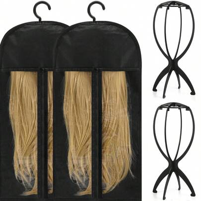 Wig Storage Bag With Wig Stand, Travel Wig Holder & Display Wig Set, Suitable For Home And Hair Salon