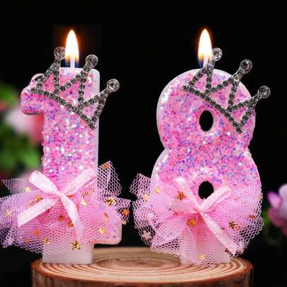 Pink Glitter Crown Number 18 Candles, Tulle Bow 18th Birthday Cake Toppers, Sparkling Rhinestone Decor For Girls Women Sweet 16/18 Party