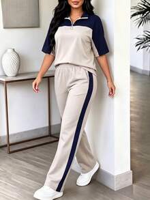 2pcs Women Casual Outfit, Lightweight Sport Set With Wide Leg Pants, Elegant & Slimming, Spring/Summer - Space Gray - View 6