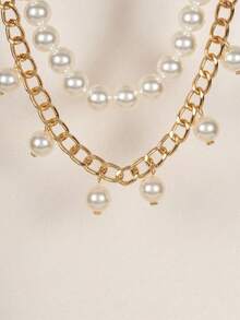 1 Set Of 2pcs Bohemian Vintage Faux Pearl Splice Metal Chunky Chain Necklace, Double Layer Design + Faux Pearl Tassel Choker Necklace, Elegant & Versatile Jewelry For Women - 2 Pearl Chain Necklaces - View 4