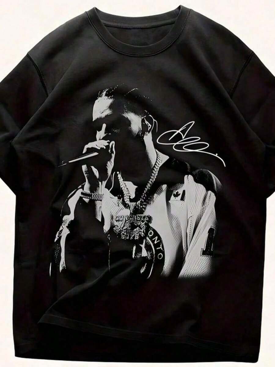 Drake "For All The Dogs" Rare Hip Hop Graphic T-Shirt - Cotton Men's Regular Fit Short Sleeve Tee With Heat Transfer Print, Casual Rap Merch For Concerts & Casual Attire, Streetwear Fashion100Cotton - 黑色 - 查看 1
