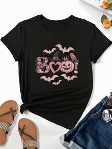 Women's Halloween T-Shirt With Pumpkin, Bat, And Witch Hat Print - Breathable & Comfortable, Crew Neck Casual Top For Leisure Wear, Halloween Clothing | Halloween Graphic T-Shirt | Comfortable Sleepwear - Black - View 2