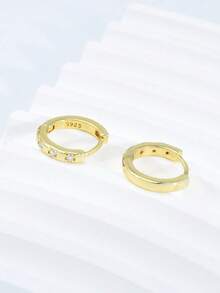Bông tai bạc 925 không gây dị ứng, đính đá Cubic Zirconia, kiểu dáng tối giản, phù hợp để đeo hàng ngày, quà tặng sinh nhật. - Vàng - Xem 5