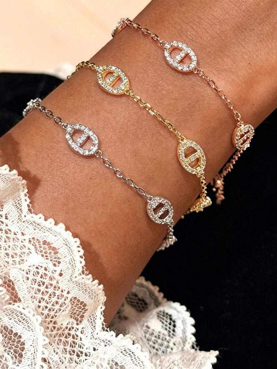 Vòng tay dây mảnh đính đá hình mũi heo sang trọng, có sẵn màu vàng, bạc, vàng hồng, được thiết kế tỉ mỉ với kim cương, vòng tay thanh lịch đa năng dành cho nữ đeo hàng ngày. - Vòng đeo tay - Xem 1