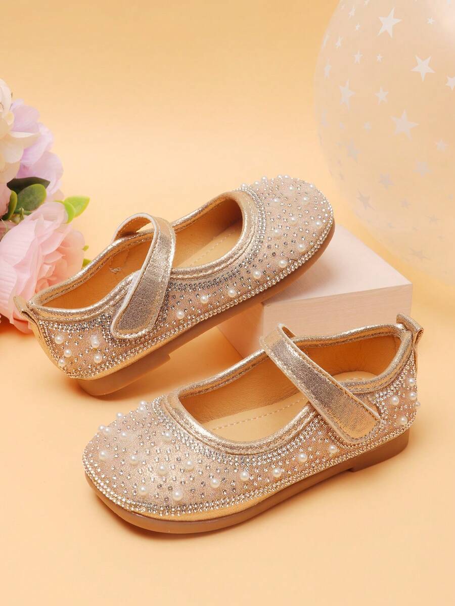 1 Pair Baby Rhinestone Flat Shoes, Fashion Versatile Low Vamp Square Toe Princess Shoes For Girls - Baby Pink - View 1