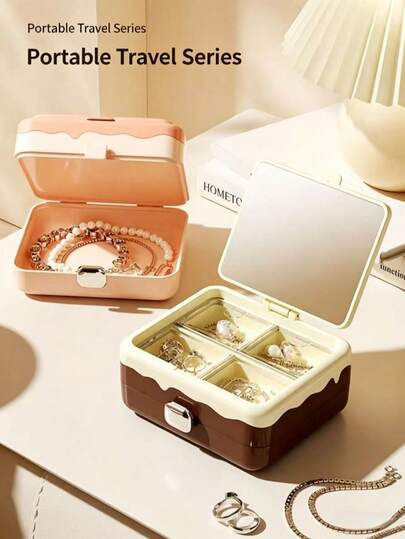 Multifunctional Portable Jewelry Storage Box, Chocolate-Looking Necklace And Earrings Ring Storage Box, Exquisite And Compact Jewelry Box, Portable Travel Jewelry Storage Box, Built-In High-Definition Mirror With Two Layers Of Multi-Grid Partitions On The Top And Bottom, Suitable For Dressing Table Desktops, Travel, Parties And Other Occasions
