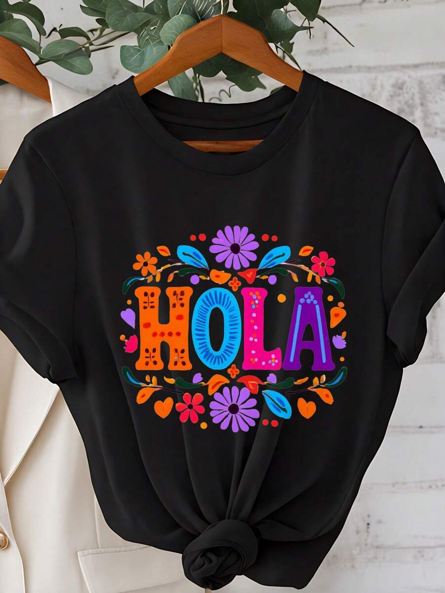 -Women's Casual Crew Neck Shirt, 220g, White With Colorful Floral Print And HOLA Lettering, Suitable For All Seasons, Machine Washable, Casual Wear. | Floral Print Shirt | Comfortable Sleep - Black - View 1