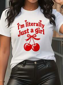 -Funny Women's Shirt With "I'm Literally Just A Cherry" Print - 220g Crew Neck Casual Top, Red Cherry And Cherry Blossom Design, Washable, Ideal For All Seasons, -Women's Everyday Shirt, -Playful Graphic Shirt, Durable Fabric. - White - View 1
