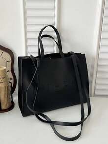 Bolso de mano grande de capacidad, con estampado de letras, de unicolor, simple y casual, bolso bandolera para mujer, billetera, bolso de trabajo de oficina elegante y casual - Negro - Ver 7
