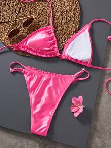 Bộ bikini nữ, bikini tam giác lấp lánh, bikini họa tiết lá cọ màu hồng, trang phục đi nghỉ mát phong cách Y2K, đồ bơi mùa hè. - Hồng đậm - Xem 4