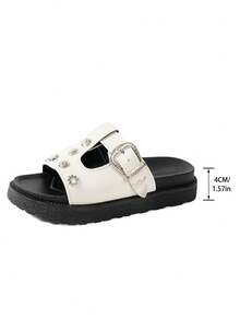 Zapatos de mujer de ajuste ancho, unicolor con decoración de remaches, diseño de una sola correa, punta abierta y transpirable, moda versátil, cómodos y ligeros, decoración de remaches, plataforma, slip-on, suela gruesa, sandalias casuales, adecuadas para uso diario - Blanco - Ver 6