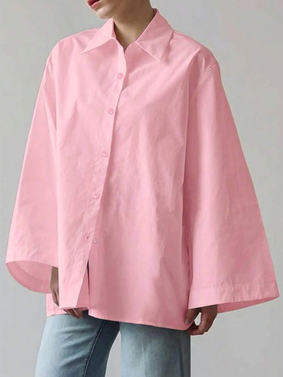 Women's Elegant Solid Color Casual Turndown Collar Long Sleeve Shirt, Polyester, Graceful For Office & Daily Wear, Spring/Summer Pink - Pink - View 1
