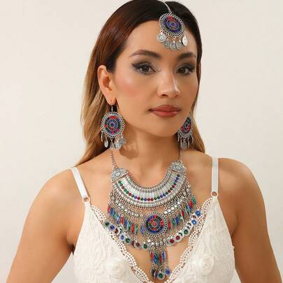 3pcs Luxury Retro Beaded Necklace, Earrings, Bracelet Jewelry Set, Women's Wedding Party Photography Accessories