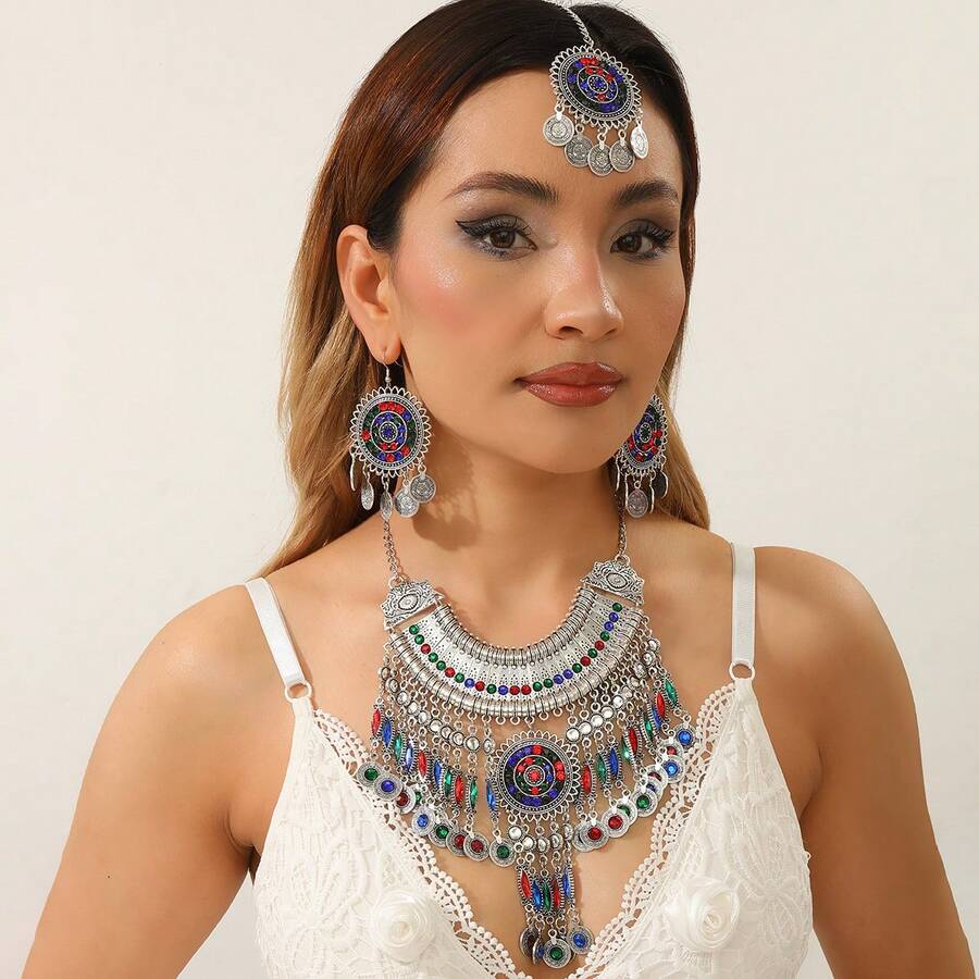 3件套奢华复古串珠项链、耳环、手链首饰套装，女士婚礼派对摄影配饰 - 彩色的 - 查看 1