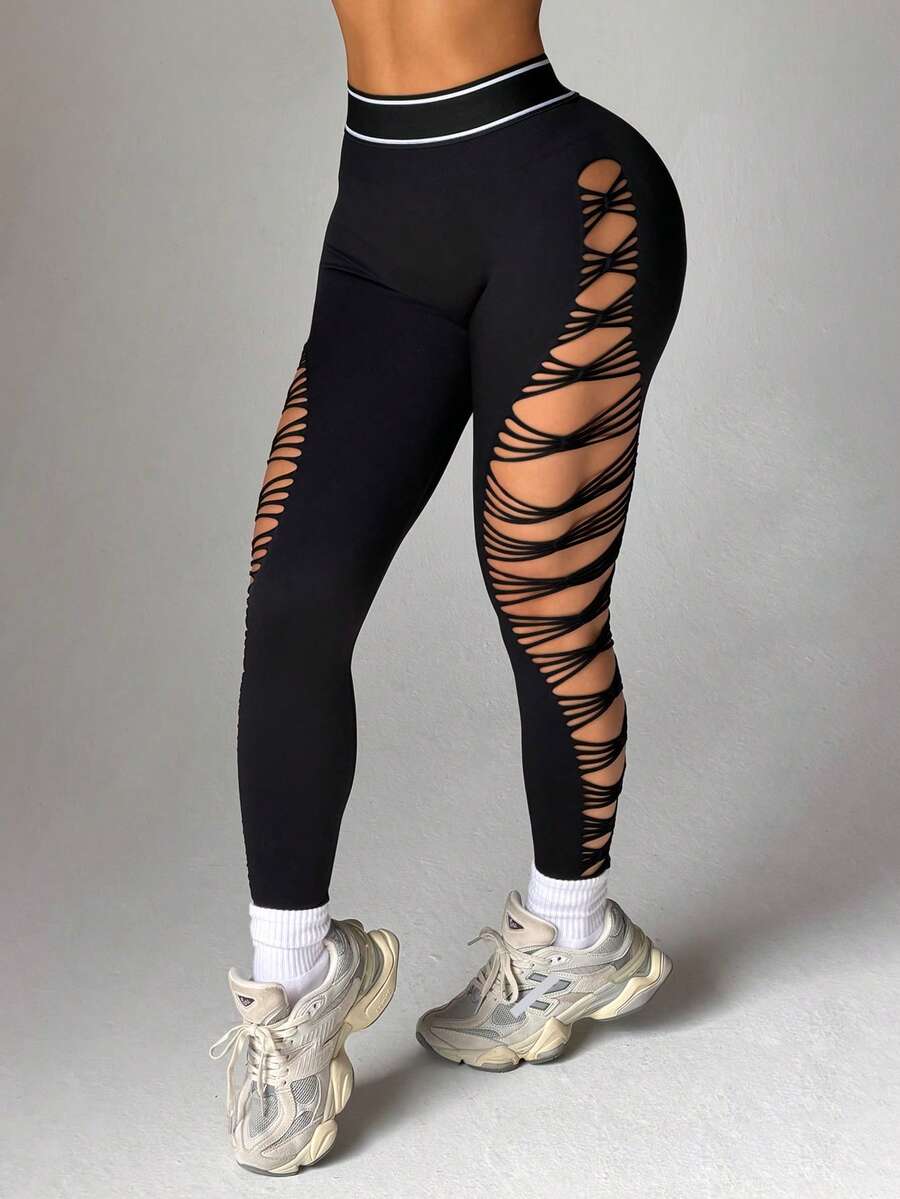 Women's High Waist Sports Leggings With Laser Cut-Out Design - Black - View 1