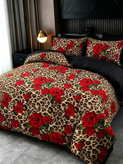 3件套Y2K豹纹和红色玫瑰哥特印花被套枕套，图案随机（1个被套+2个枕套，不含枕芯），床上用品套装，柔软温暖舒适，适用于卧室、客房、宿舍装饰。玫瑰植物印花，柔软亲肤，奢华床上用品。