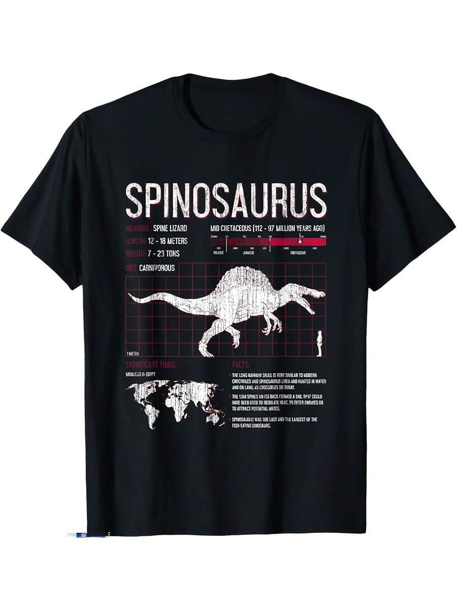 Camiseta con hechos sobre el dinosaurio Spinosaurus para hombres, mujeres y niños. Camiseta de verano de moda casual y cómoda de algodón puro de 180g en color negro - Negro - Ver 1