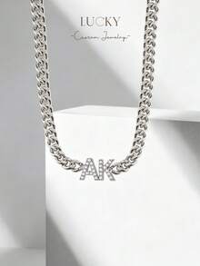 Customized Zirconia Name Necklace, Cuban Chain, Personalized Letter Necklace, Stainless Steel Nameplate Jewelry Gift For Women - Full Diamond Necklace - View 6