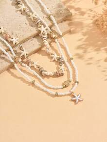 3pcs/Set Bohemian Style Shell & Starfish Beaded Necklace Set, Unique Design Starfish Pendant & Pearl Necklace, Multi-Layer Wearable For Daily, Date, Vacation - Multicolor - View 3