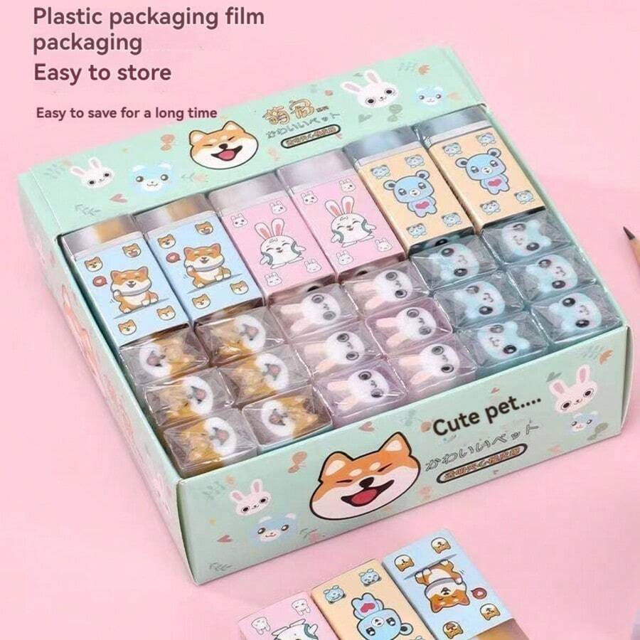 Bộ 24/36 cục tẩy hình động vật hoạt hình, được thiết kế để tẩy sạch và hiệu quả các vết mực viết. Chúng tạo ra rất ít bụi và không để lại vết bẩn trên tay hoặc làm hỏng giấy. Được đóng gói trong hộp riêng trong suốt, bảo vệ hiệu quả khỏi bụi và độ ẩm. Nhỏ gọn và nhẹ, dễ mang theo; có thể cất trong hộp bút mà không chiếm nhiều diện tích. Thích hợp cho bút chì học sinh. - Nhiều màu - Xem 1
