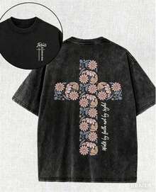 Summer Tops2026Christian Washed T-Shirt, Jesus, Faith, Floral Cross Pattern T-Shirt "Walk By Faith Not By Sight","Jesus Is Coming Soon", Religious Elements, Retro Style T-Shirts, Vintage Textured T-Shirts. . . . . . Classic Regular Short Sleeved, Fashionable And Cool Design, High-Quality Printing, Fashionable T-Shirt, Women's Pattern T-Shirt, Fun Pattern T-Shirt, Men's Pattern T-Shirt, Casual Loose T-Shirt, 100% Cotton T-Shirt, Soft, Breathable And Comfortable, Washable T-Shirt, Casual Street Style T-Shirt, Suitable For All Seasons, Very Suitable For Casual Wear And Street Style. They Are Excellent Gifts For Family And Friends.Summer Clothes - 黑色 - 查看 7