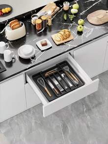 1pc Expandable Kitchen Drawer Cutlery Organizer Box, Adjustable Utensil Storage Tray, Multi-Function Knife Fork Spoon Holder, Black Medium Size - Multicolor - View 6