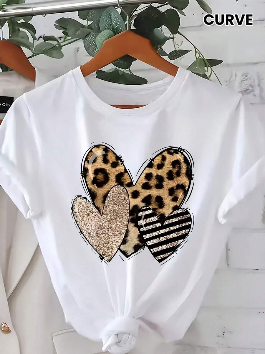 [Glitter Heart Top] Women's Casual Short Sleeve-Shirt - Leopard Print & Glitter Heart Design Soft Relaxed Fit Round Neck Plus Size All-Season Top Washable Seasonal Versatility Playful Design Comfortable Graphic Tee Shirts Western Graphic Tees Men Clothes Camisas Para Hombre Graphic Tees Women Clothes Summer Tops Summer Clothes - 白色 - 查看 1