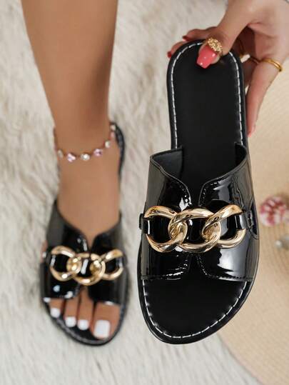 Black Glossy Metal Chain Strap Flat Sandals, Luxury One-Strap Slides, Versatile Comfortable Slippers For Commuting, Beach, Daily Wear