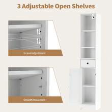 Armario de almacenamiento alto y estrecho para baño - Torre de lino independiente de 170 cm con puerta corrediza tipo granero, estantes ajustables, cajón y compartimentos - Organizador estilo casa de campo moderno para espacios pequeños - Para baño, cocina o sala de estar - Puerta individual, 1 cajón - Ver 3