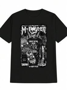 Camiseta masculina Fashion All Match com design divertido de banda - Preta vintage, blusa casual de verão com estampa de desenho animado, lavável, estampa de banda, camiseta gráfica, retrô, anime, coração nostálgico: uma peça clássica para o Dia dos Namorados, blusas de verão, camiseta, cardigã, blusa de verão, modelagem padrão, para todas as estações. - Preto - Ver 6