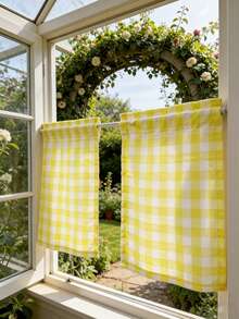 1pc American Style Plaid Short Curtain, Yellow & White Checkered Short Curtain For Kitchen/Bathroom, Soft & Comfortable - Yellowish-white - View 7