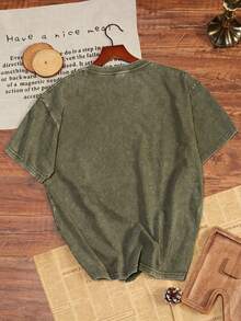 Áo thun nữ kiểu vintage in chữ, tay ngắn cổ tròn, thích hợp mặc mùa hè/xuân/hè. - Nâu sẫm - Xem 2
