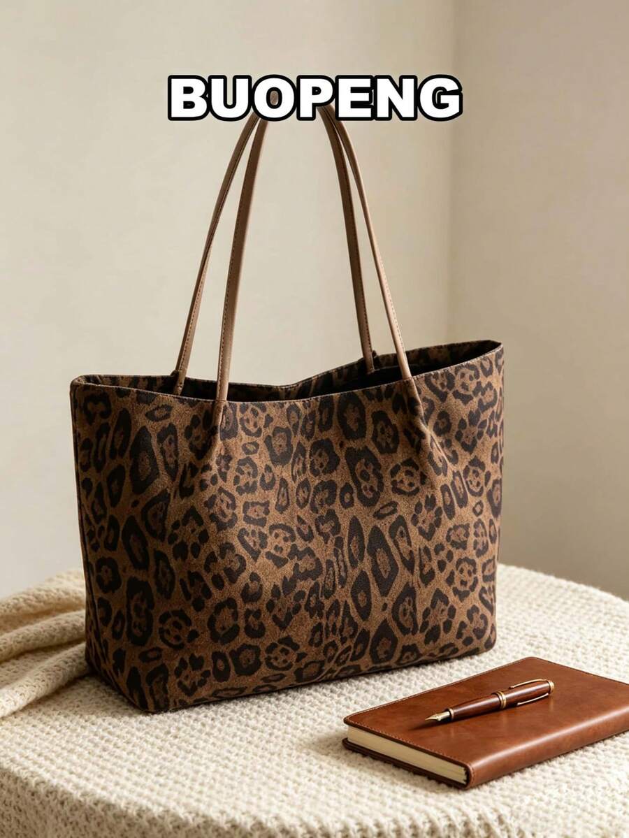 Un nuevo bolso de mujer, bolso de mano grande de estilo retro con estampado de leopardo. Apertura con cremallera, bolso de hombro minimalista y ligero. Adecuado para el uso diario, el ocio, los desplazamientos, el trabajo y los estudiantes. Bolso de mujer con estampado de leopardo, regreso del estampado animal, bolso de mujer con estampado vintage, bolsos de mano para mujer, artículos esenciales para la universidad - Marrón - Ver 1