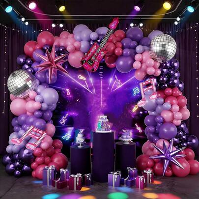 132 Stück K-Pop Musik-Themen Geburtstags Party Dekorationen, rosa und lila Ballon Bogen Set, beinhaltet Gitarren Noten, Sterne, Disco Folie Ballons, geeignet für Musik Geburtstags Partys, Junggesellenabschiede/-innen, Abschlussbälle und Maskenpartys.