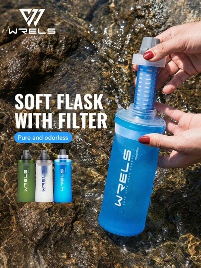  1 bình nước mềm WRELS màu trơn, nhẹ, có chức năng lọc, kèm lõi lọc, chống rò rỉ, thích hợp cho sinh tồn ngoài trời, du lịch, thể thao, làm từ chất liệu TPU, lý tưởng cho người bạn đồng hành khi tập luyện thể dục.