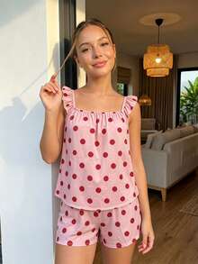 Womens 2 Piece Pajamas Set Cute Ruffle Sleeveless Dots Print Tops + Shorts Set Lounge Clothes - Pink - View 3