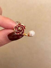 1枚优雅奢华法式黑色山茶花戒指，女士款 - 紅色 - 查看 8