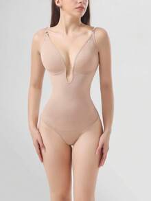 深V连体裤，紧身，收腰，丁字裤后背，塑身衣 - 杏色 - 查看 3