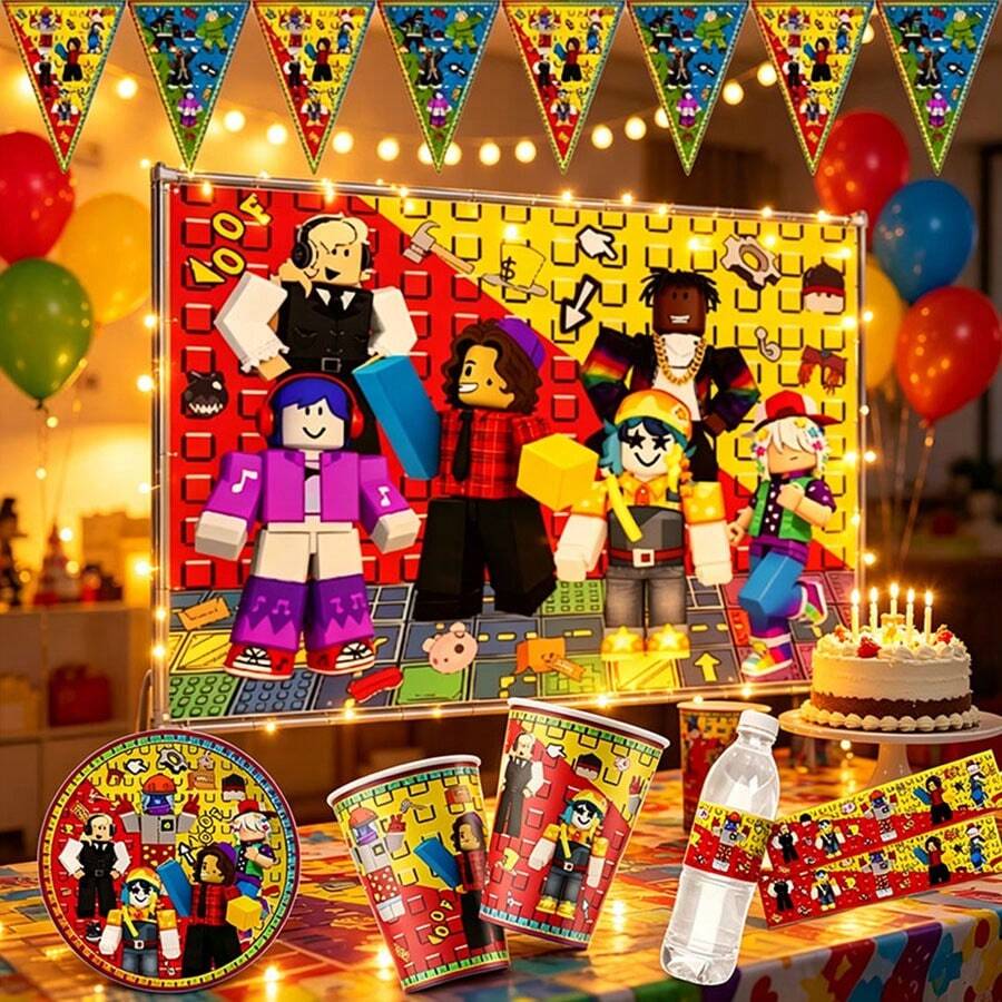 Roblox 17pcs Game Themed Birthday Party Decorations, Includes Flag Backdrop, Spiral Hanging Decor Full Set, Creative Fun Gaming Style Scene Decor, Suitable For Indoor & Outdoor, Essential Set For Children's Birthday Party, Festival Celebration - Roblo Boy Flag Backdrop Spiral - View 1
