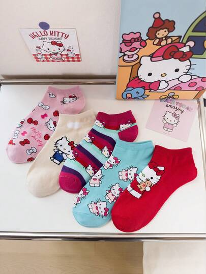  5 Pairs Sanrio Hello Kitty Socks, Personalized Interesting Colorful Creative Cartoon Design, Holiday Gift, Comfortable Breathable, Enhance Family Atmosphere, Fashion Funny Socks, Crazy, Anime, Multi-Color Socks