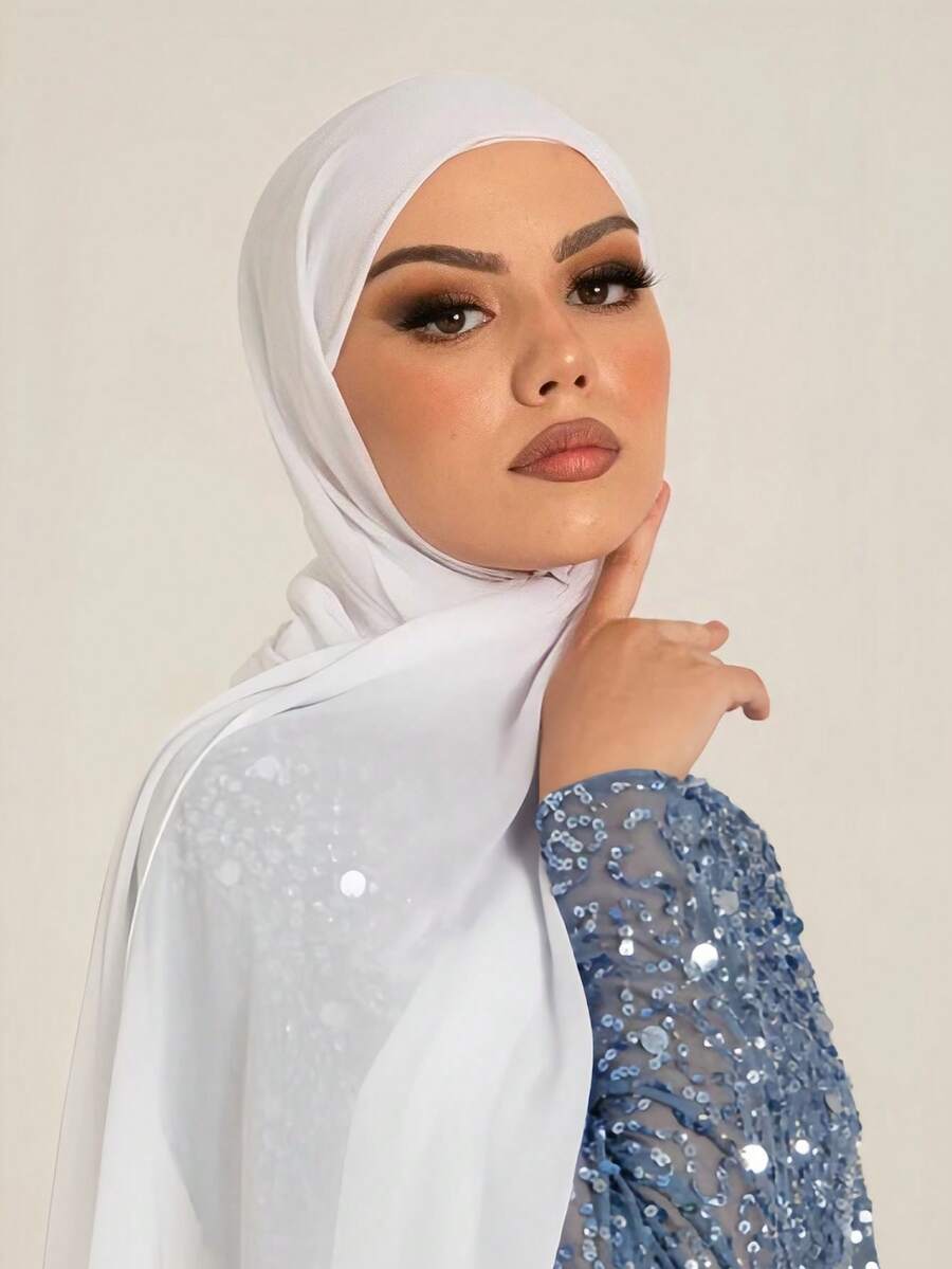 1pc Women's Solid Color High-Density Pearl Chiffon Scarf, Breathable & Comfortable Daily Casual Chiffon Headscarf, Classic Minimalist Chiffon Shawl Turban, Suitable For Everyday Wear - White - View 1