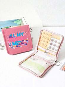 Bolsa de medicina portátil, bolsa de almacenamiento con patrón de dibujos animados de pastillas y jeringas, organizador de pastillas compacto y kit de primeros auxilios, kit médico portátil, adecuado para uso diario/al aire libre/viajes/dormitorio, esencial para la salud - Multicolor - Ver 2