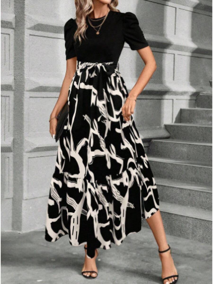 Women's Printed Maxi Dress Short Puff Sleeve Crew Neck Tie Waist Casual Long Dress For Daily Wear Party - 黑白 - 查看 1
