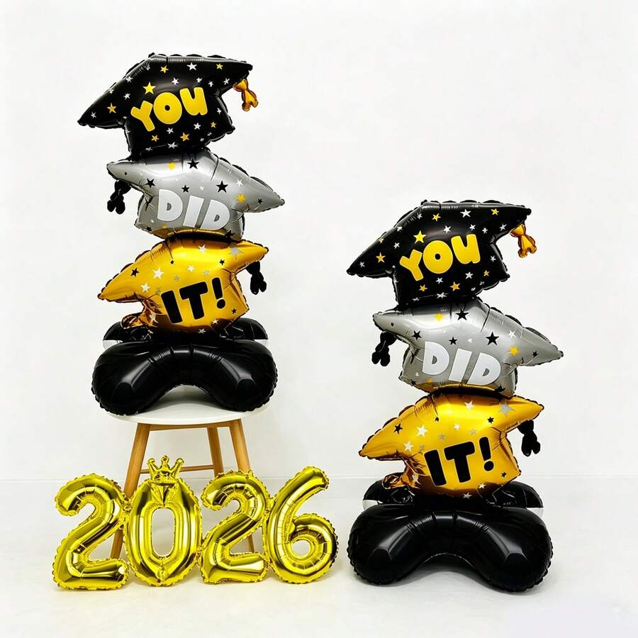2026 金色箔纸毕业帽气球带支架，毕业派对装饰 - 多色 - 查看 1