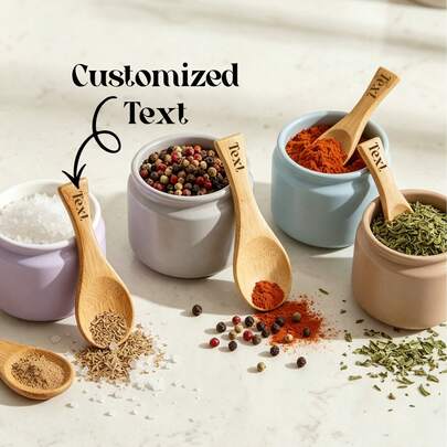 Customized Laser Engraved Bamboo Measuring Spoon, Natural Bamboo Mini Measuring Spoon, Customizable Engraved Text For Tea/Coffee/Sugar/Salt/Spice, Unique Personalized Gift For Birthday, Wedding, Housewarming, Valentine's Day, Mother's Day, Bamboo Kitchenware, Ideal For Family, Friends, Chefs, And Food Enthusiasts